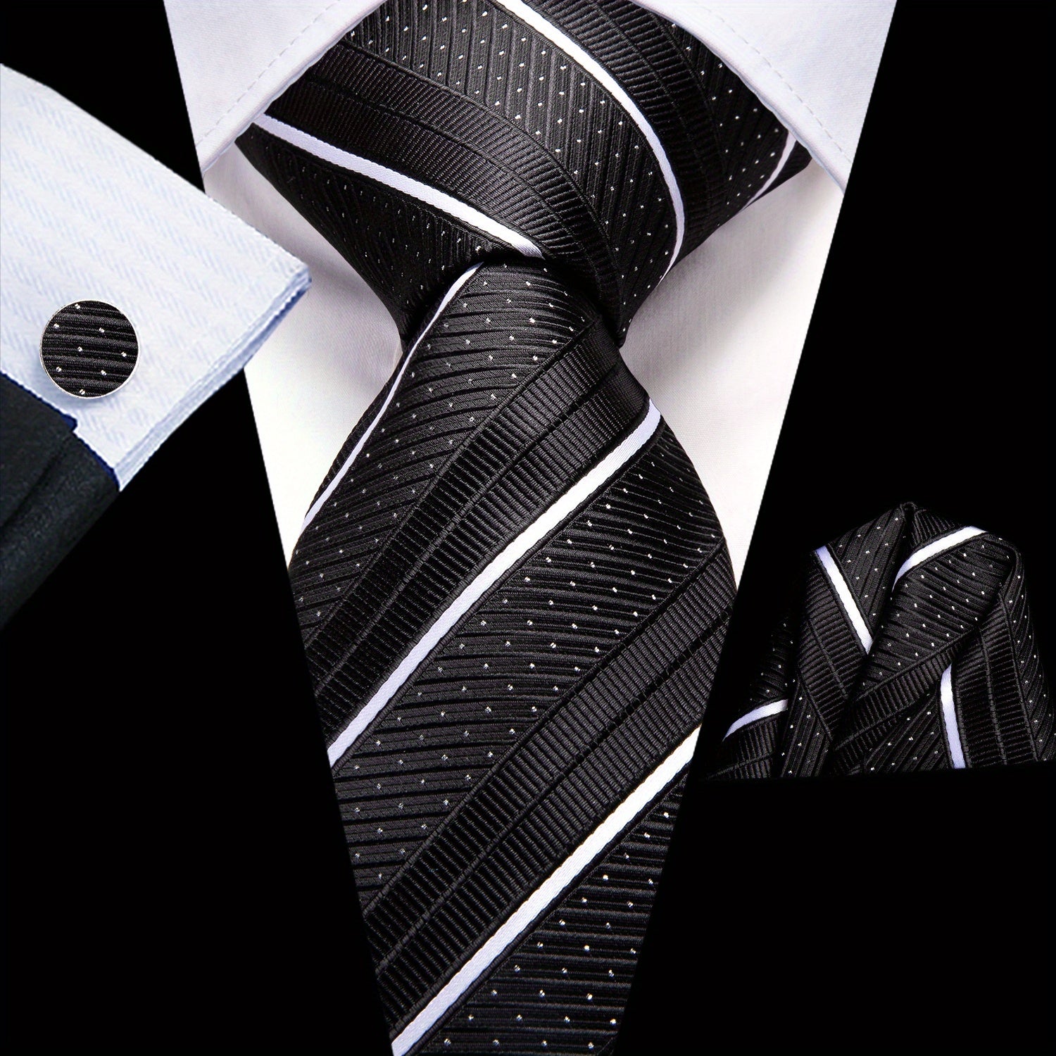 Men's Jacquard Woven Black Tie Set with Cufflinks and Hanky for Weddings and Business