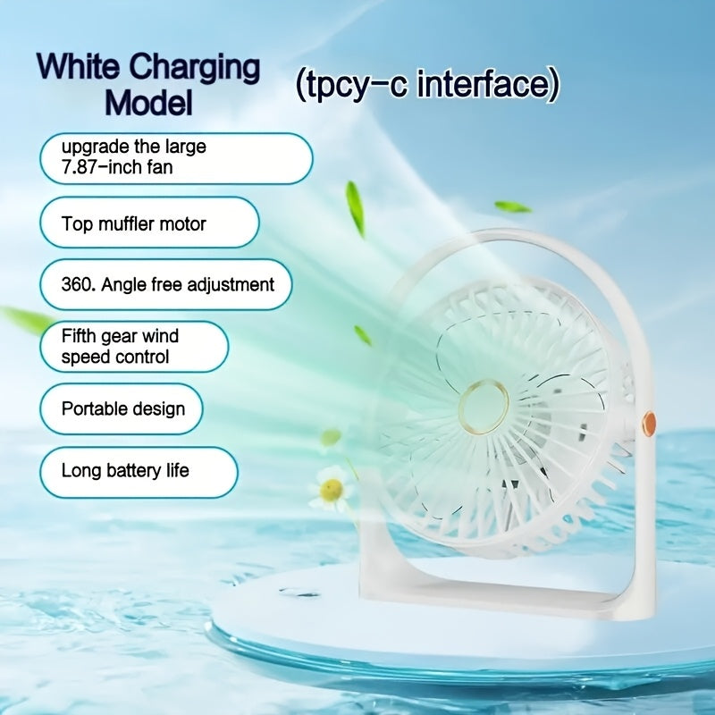 Black Portable Mini Desk Fan 5-Speed USB Rechargeable Quiet Tabletop Fan