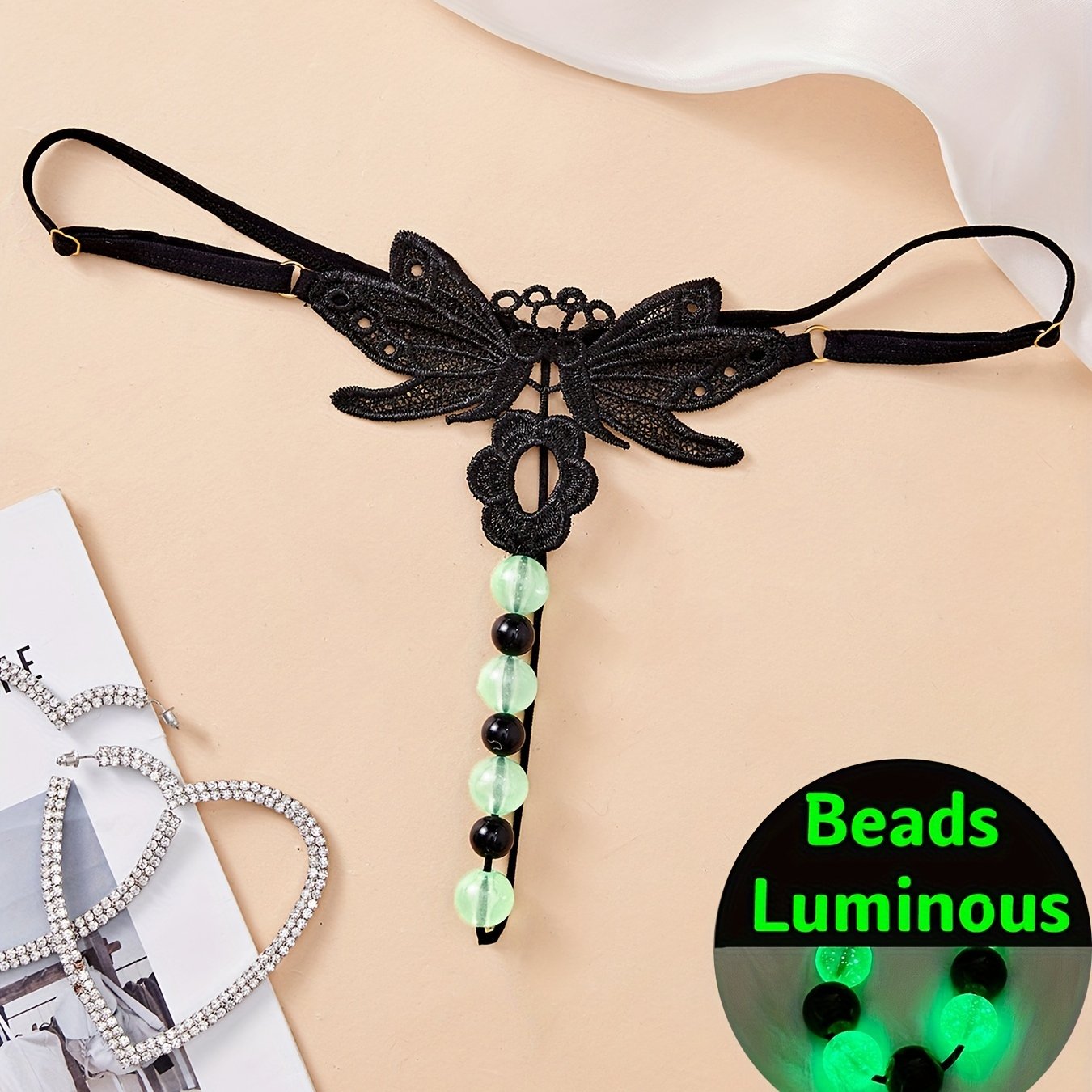 Black Lace Thong for Women with Drop Waist and Massage Beads Elegant Lingerie