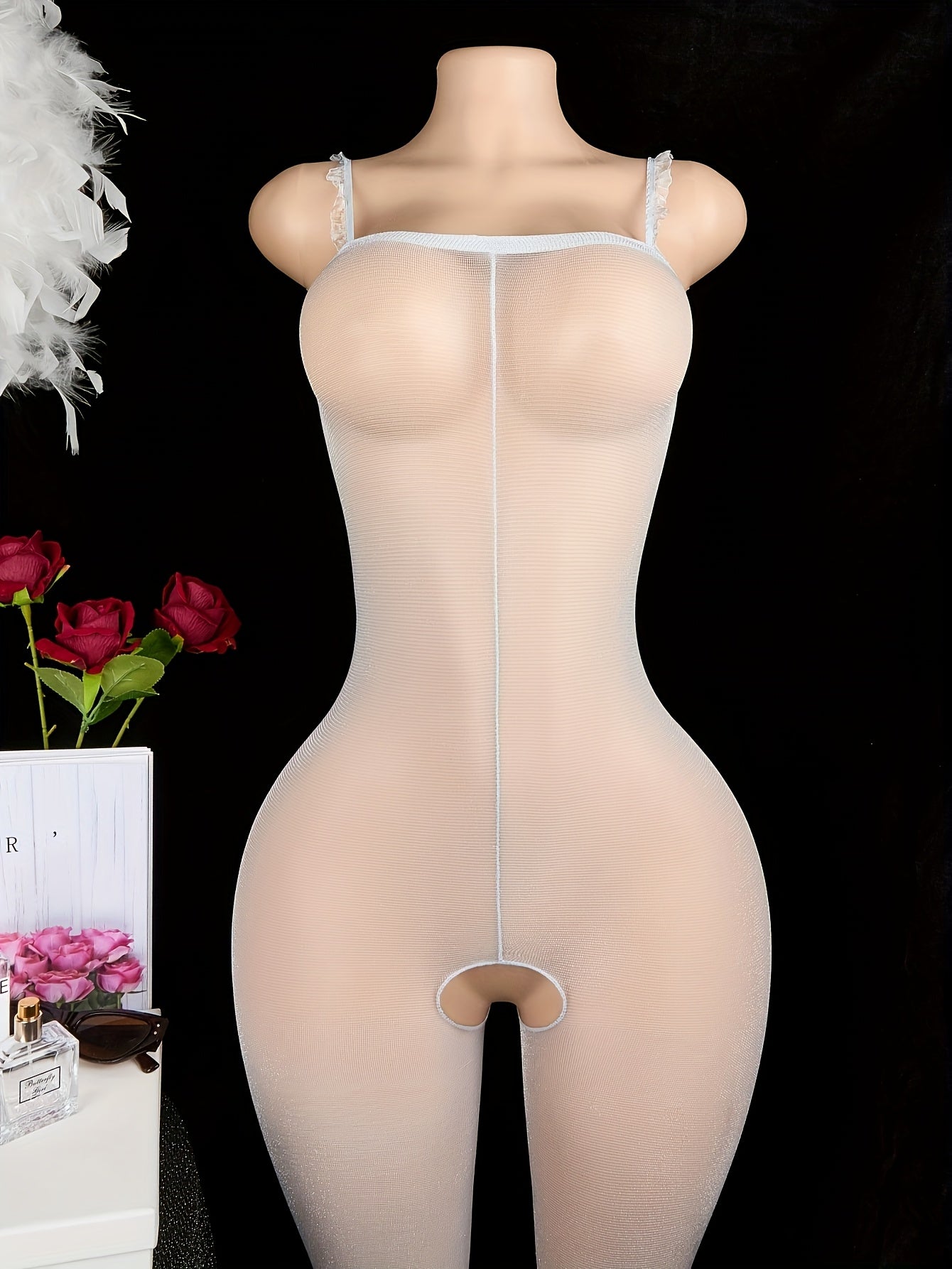 Women's Gray Sheer Bodysuit with Glittery Halter Neck and Open Crotch Lingerie