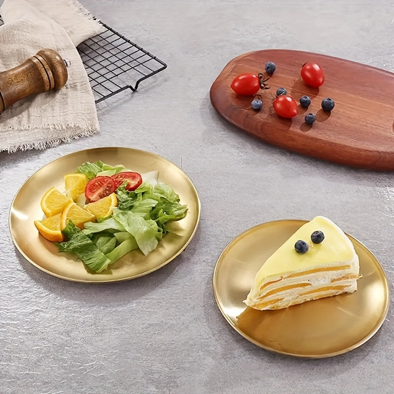 Ko'p maqsadli zanglamas po'latdan yasalgan xizmat plitkasi, nafis oltin qoplama - pizza, shirinliklar, steak va boshqalar uchun mos - bayram yig'ilishlari uchun ajoyib - uy, oshxona yoki restoran uchun dumaloq plastinka - ovqat xizmat qilish uchun xavfsiz