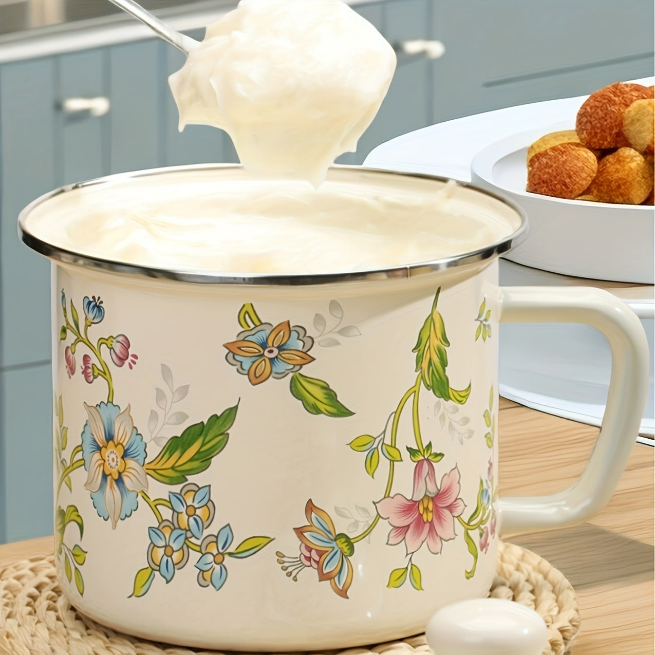 Enamel Butter Warmer Pot with Lid for Melting Butter Tea Noodles Stovetop Cookware