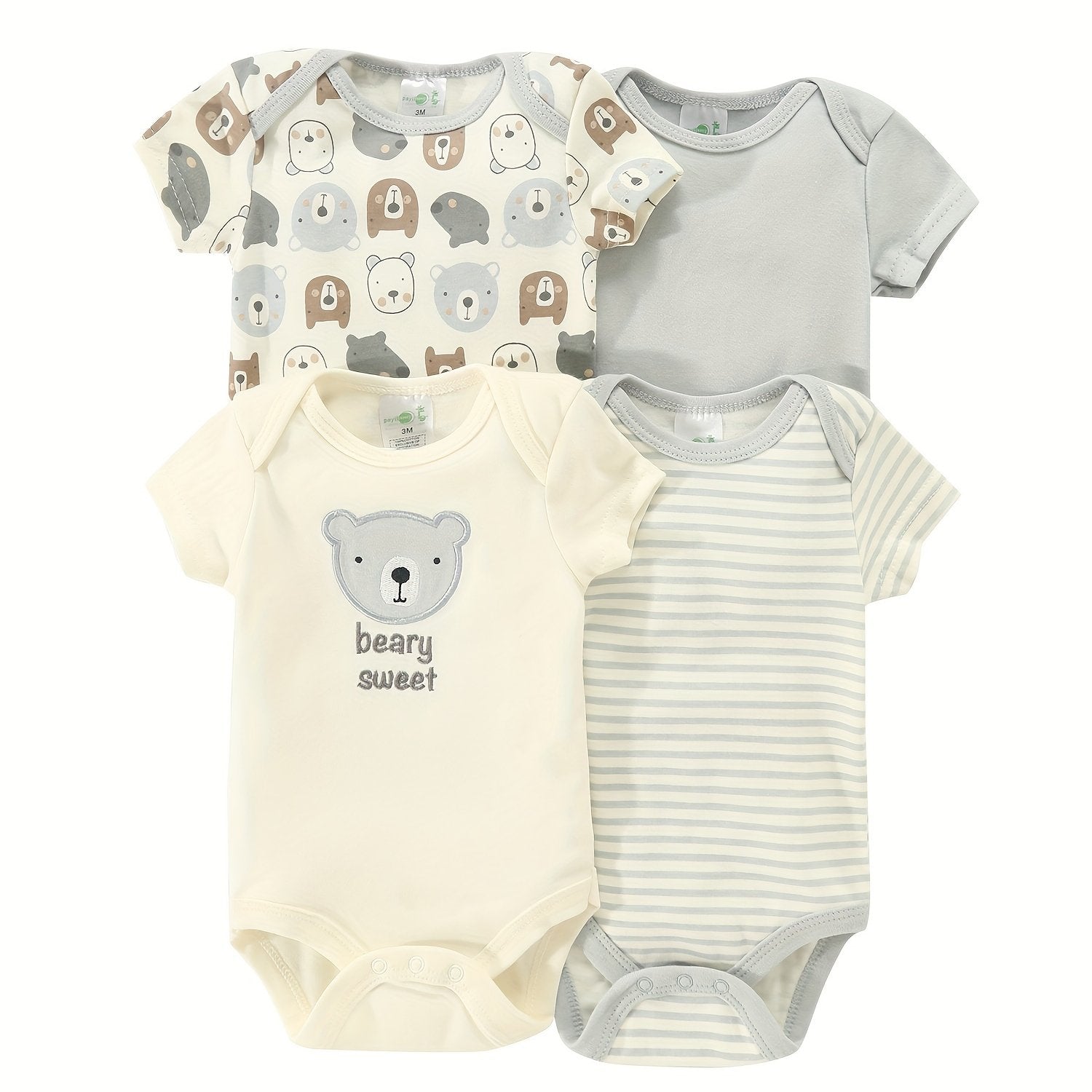 Newborn Baby Short Sleeve One-Piece Suits Set with Alphabet Print and Embroidery 4-Piece Cotton