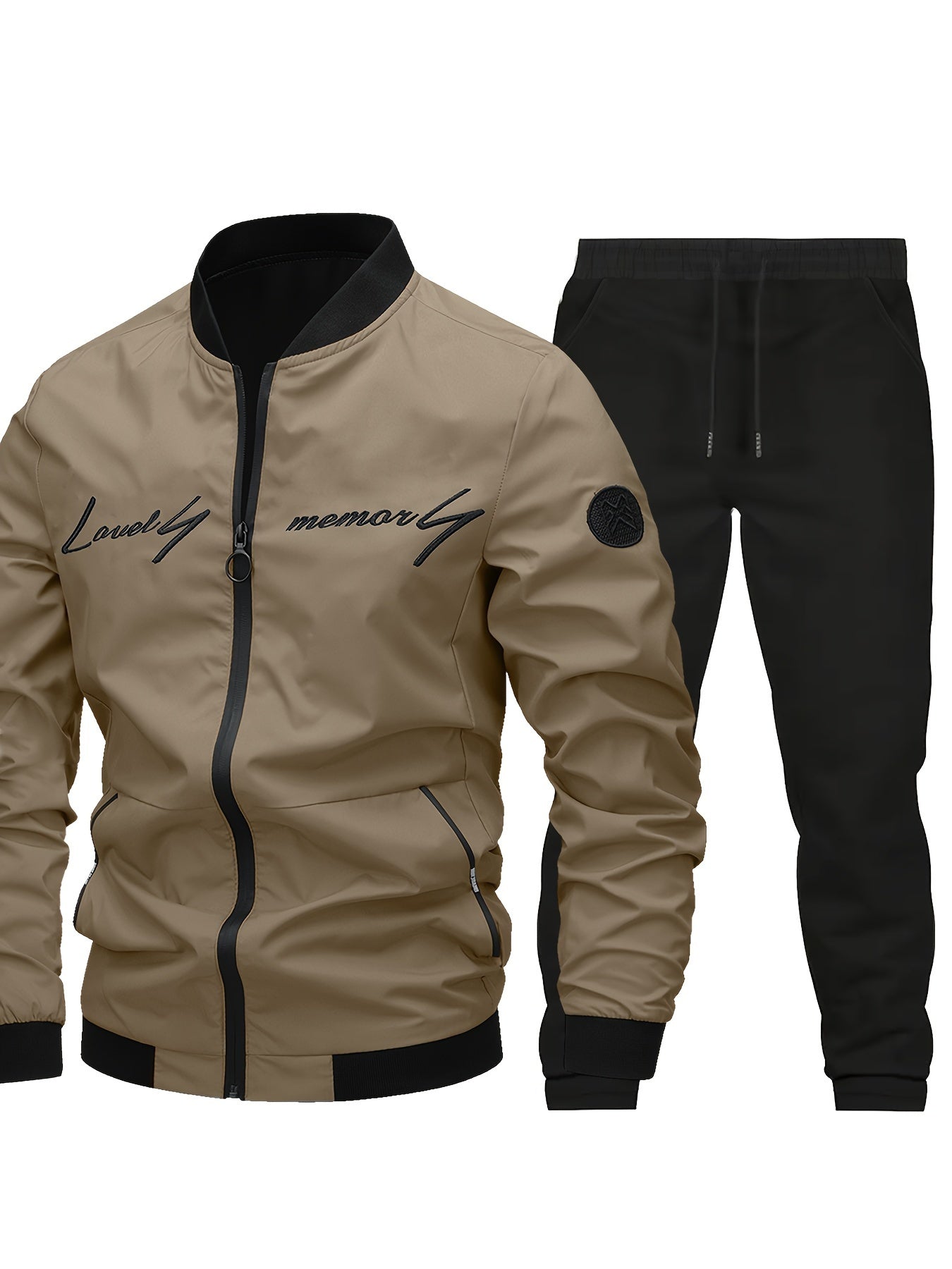Men's Black Polyester Bomber Jacket and Jogging Pants Set with Letter Embroidery