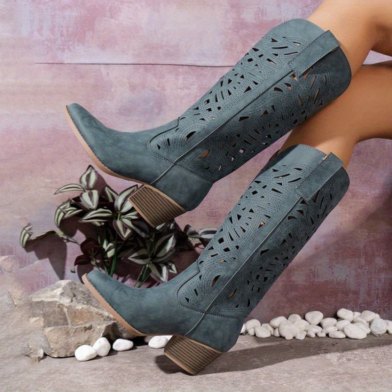 Women Western Cowboy Boots Slip-On Pointed Toe Mid-Heel Embroidered Durable Rubber