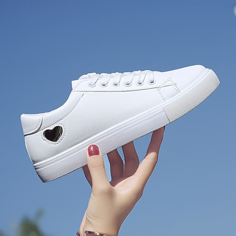 Women's Casual Sneakers with Heart-Shaped Design Lace-Up Flat White Soles