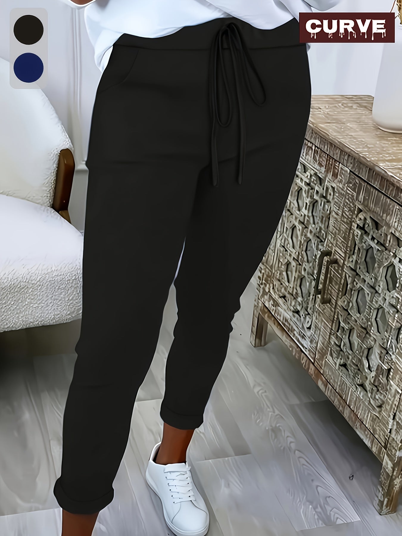Plus Size Women’s Olive Green Straight Leg Pants with Drawstring Pockets