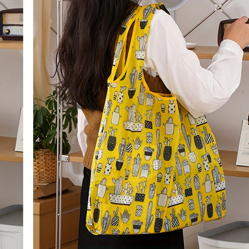 Lightweight Washable Grocery Tote Bag with Cartoon Cactus Design, Large Capacity