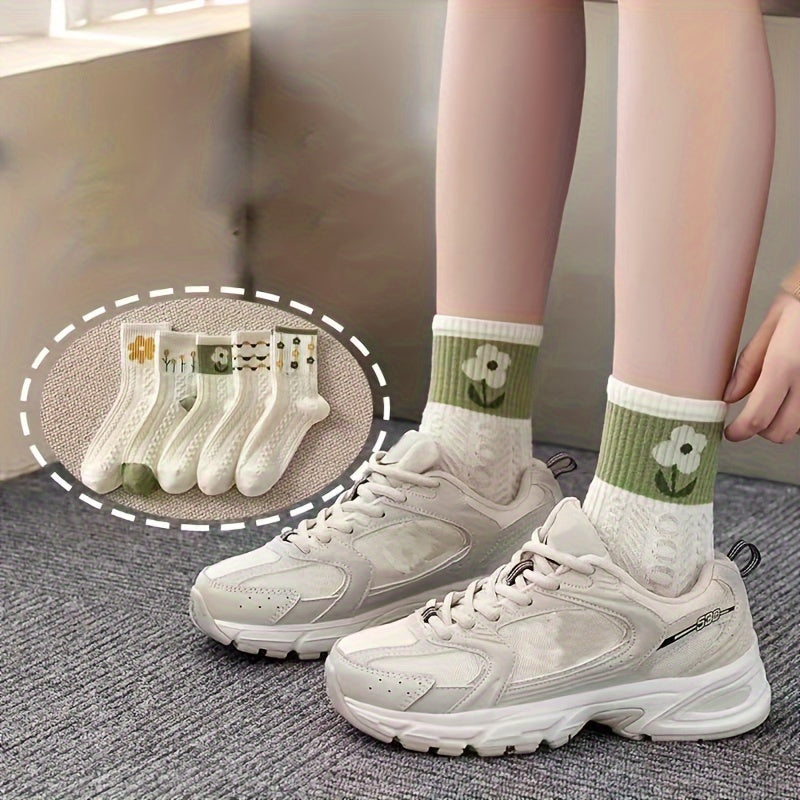 Women's Mid-Calf Socks 5 Pairs Floral Pattern Polyester Spandex