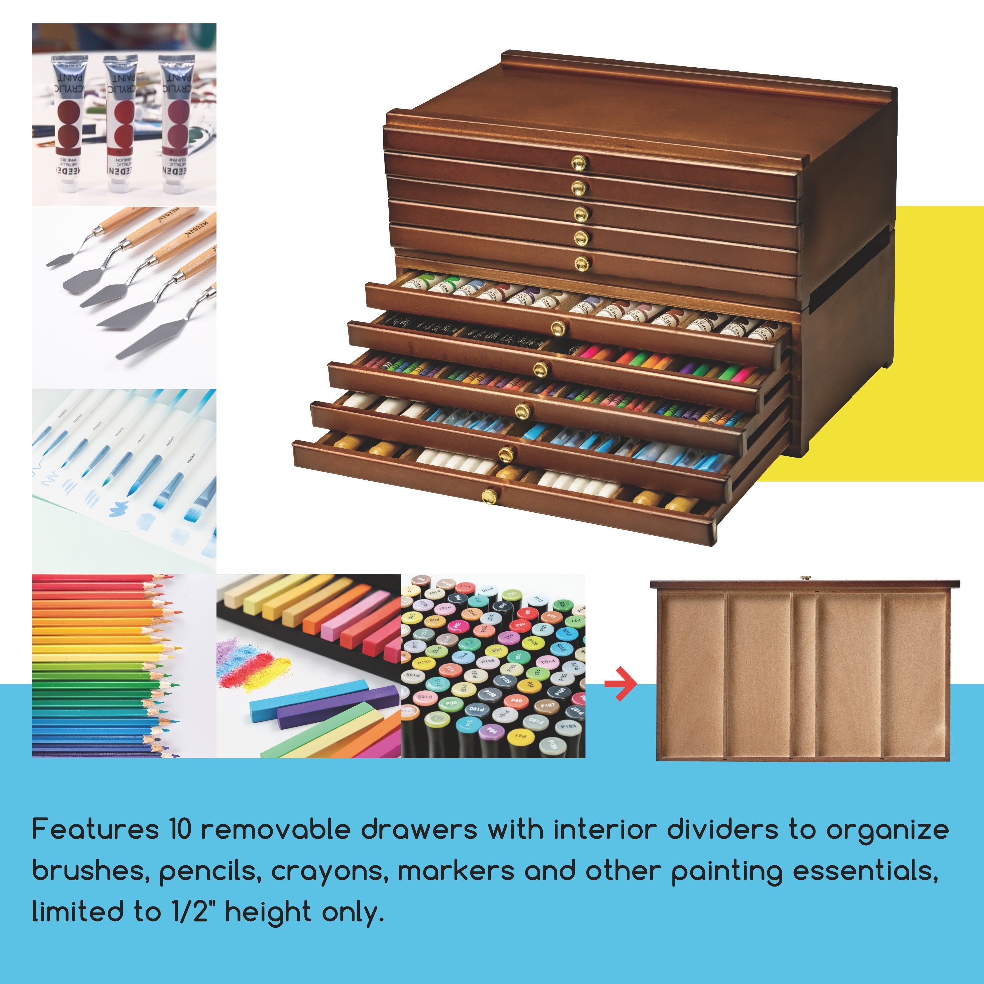 Wooden Art Supply Organizer with Removable Drawers - 4/6/10 Compartments for Pastels Pencils and More