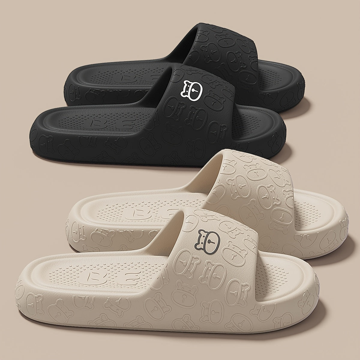 Unisex Cartoon Bear Print Slip-On Indoor Outdoor House Shoes Black Pink Size 48 49