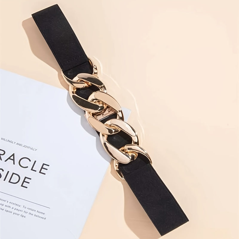 Широкий пояс для женщин с золотой цепочкой, с вырезами, эластичный, винтажный стиль для платьев и пальто