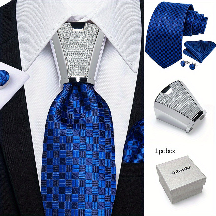 Men's Business Accessory Set with Silver Ring Cufflinks and Handkerchief