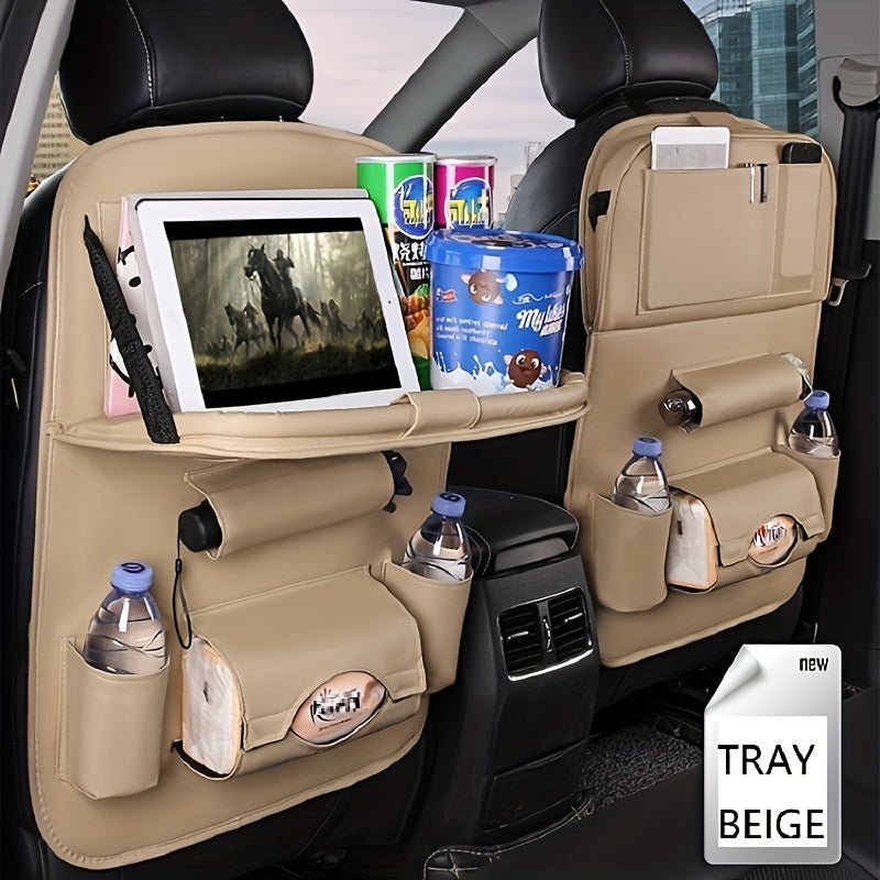 Universal Faux Leather Car Seat Organizer with Foldable Tray and Multiple Pockets