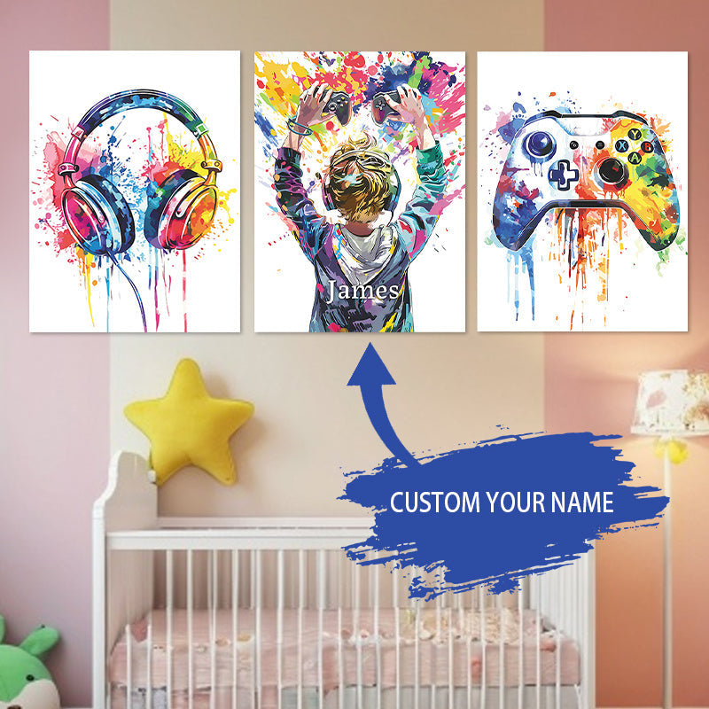 Bolalar xonasi uchun turli ranglarda 3 ta gamer devor san'ati kanvas chop etishlarining moslashtirilgan to'plami