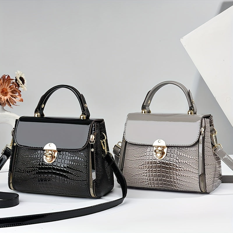 Women's Crocodile Pattern PU Handbag with Buckle Closure and Large Capacity for Shoulder Use