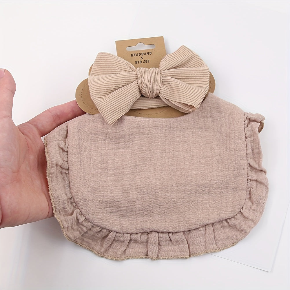 Baby Bibs and Headbands Set of 2 Lotus Leaf Bib and Elastic Bow Headband with Plain Color Soft Bib