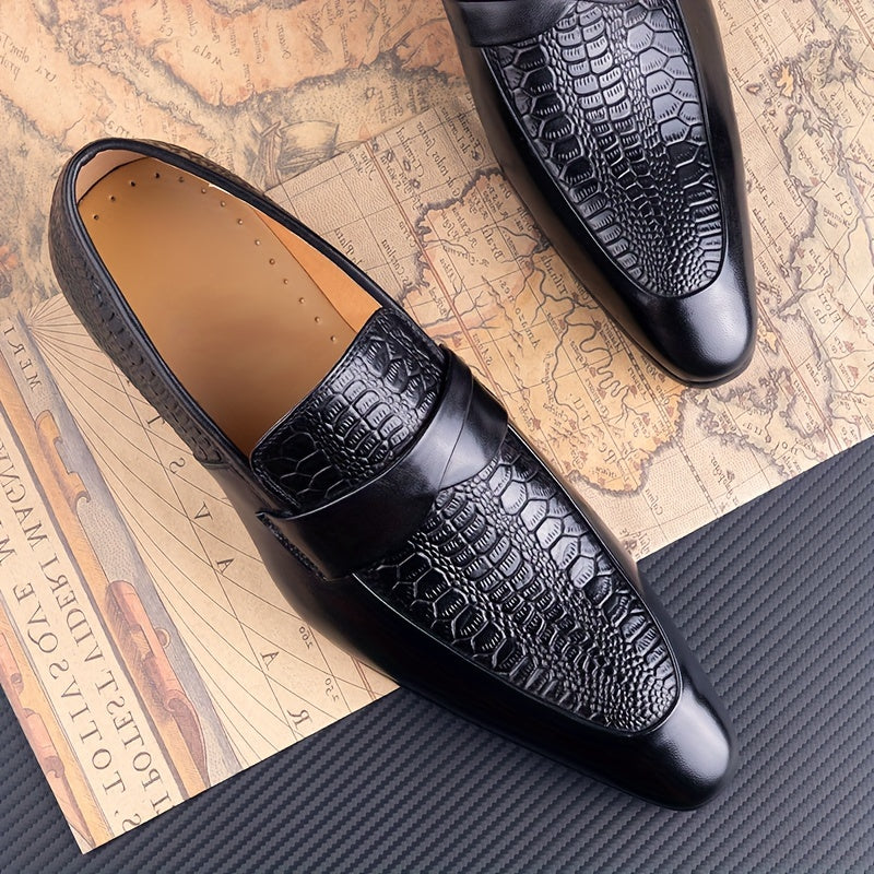Mocasines de cuero con patrón de cocodrilo negro para hombre, con punta afilada, sin cordones, zapatos de vestir para negocios informales, para todas las estaciones