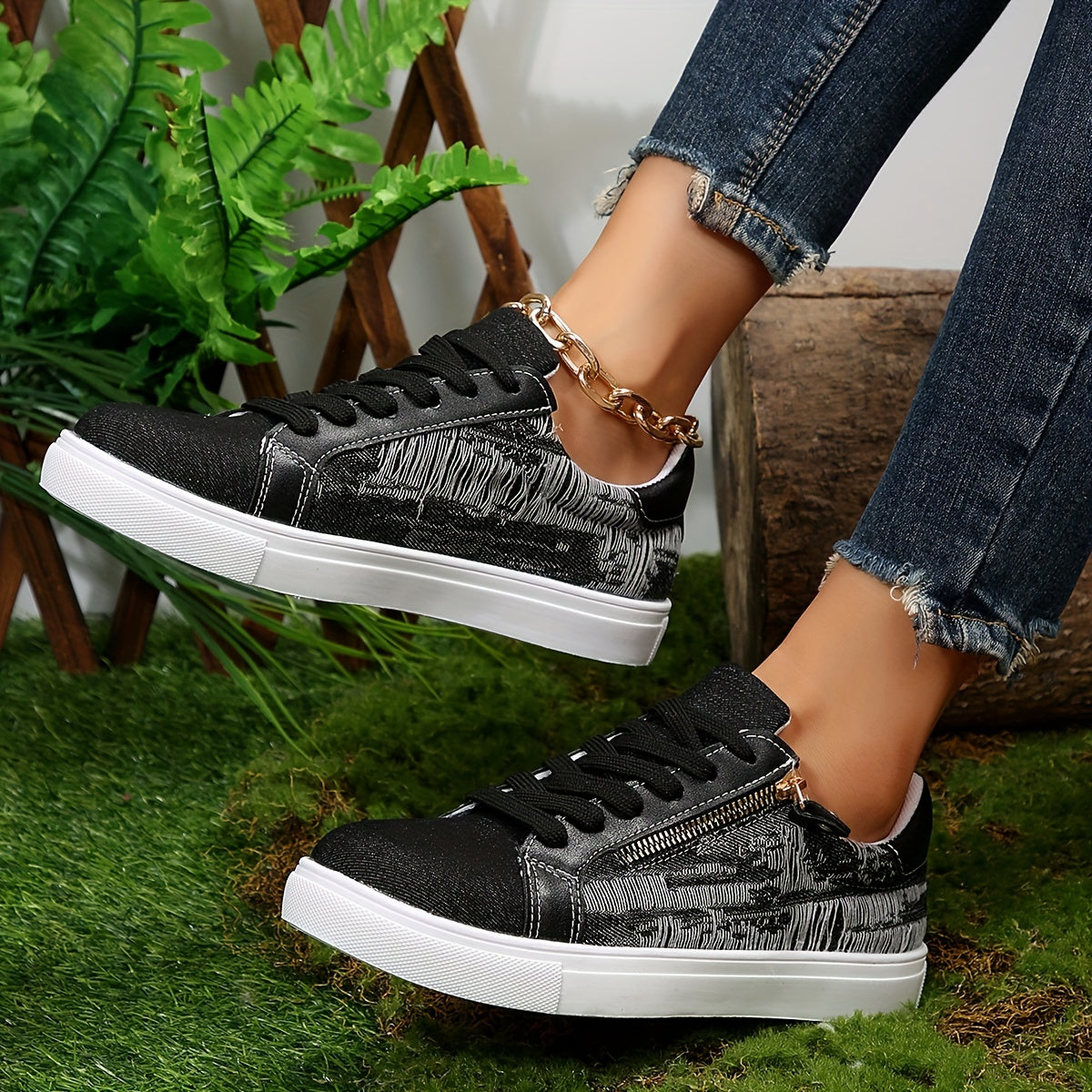 Women's Denim Flat Sneakers Casual Lace-Up Low Top Skate Shoes