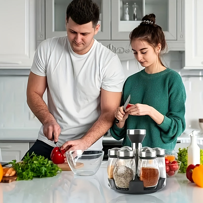 7-Piece Stainless Steel Glass Spice Shaker Set with Salt Pepper Sugar Rotating Base