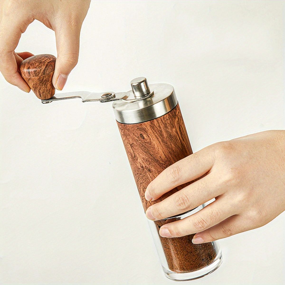 2 piezas de molinillo de café portátil de manivela con cuerpo de acero inoxidable, mango de madera y cepillo de limpieza