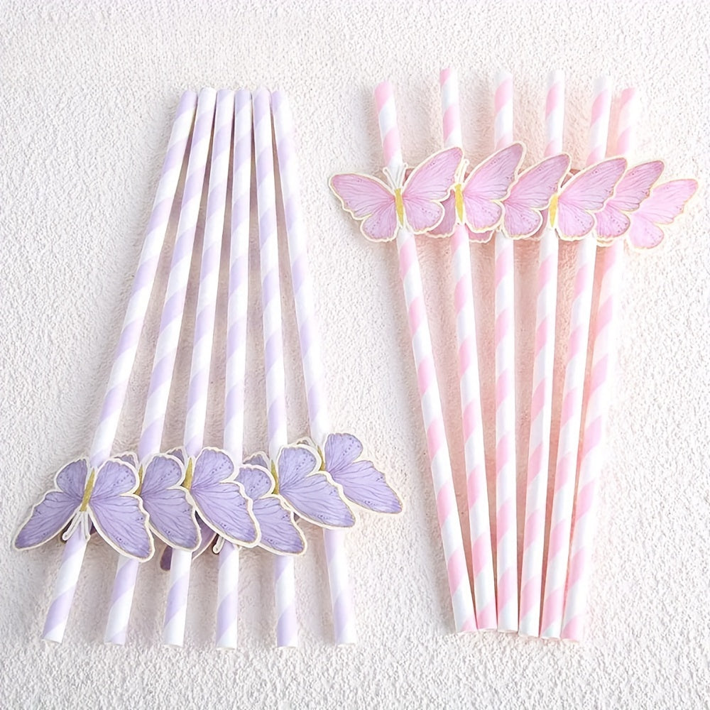 Set of 6 Butterfly Paper Straws for Birthday Party Decorations