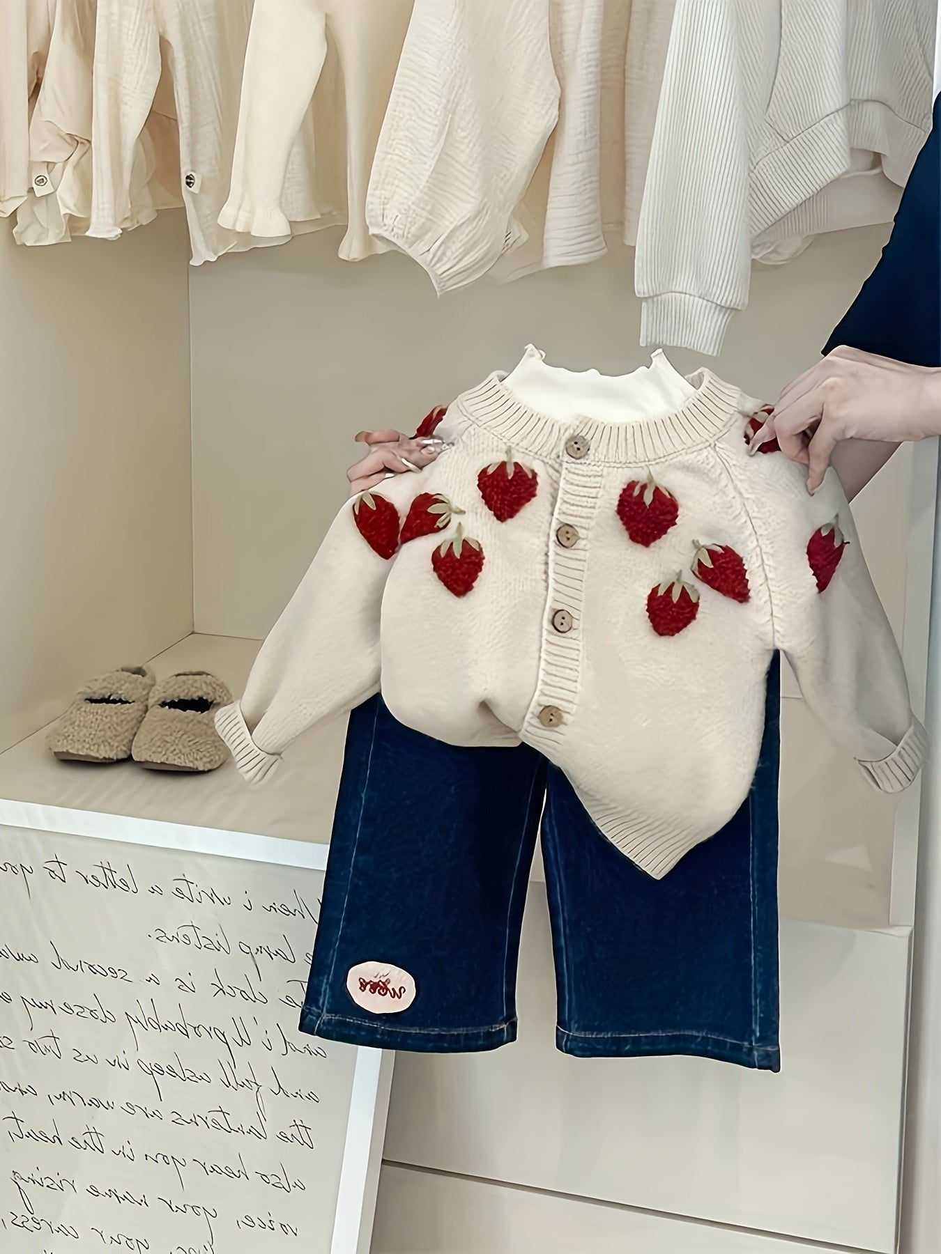 Kids Acrylic Blend Cardigan with Strawberry Pattern Crew Neck Button Closure for Spring Fall