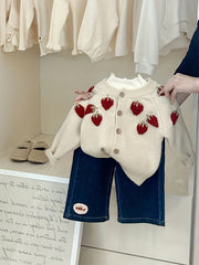 Детский кардиган из акрилового микса с узором из клубники, круглый вырез, застежка на пуговицы, для весны и осени