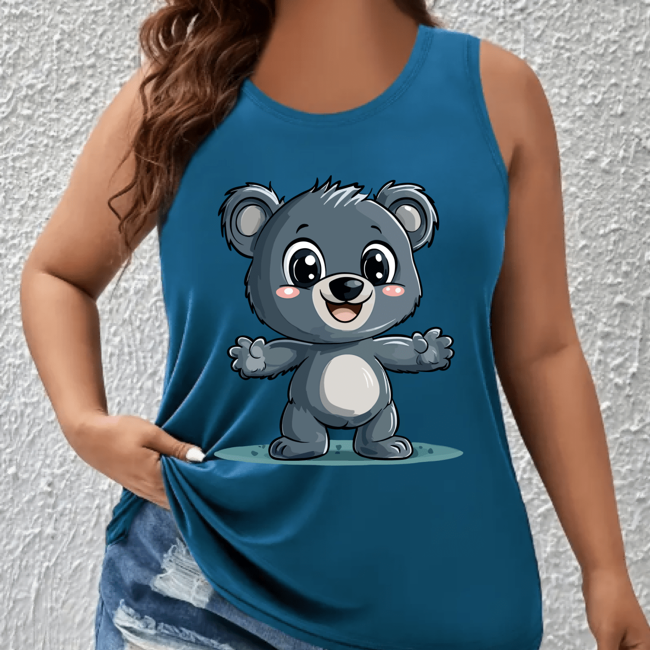 Women's Plus Size Off-Shoulder Vest Top With Cartoon Koala Print Breathable Stretchy Fabric