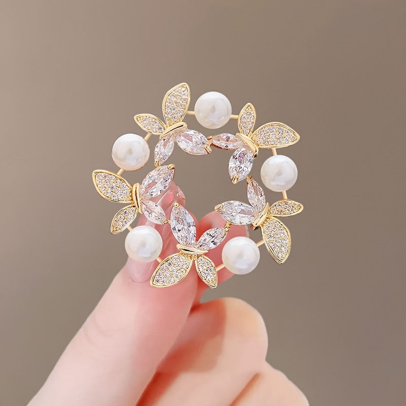 Broche de mariposa y corona floral en tonos dorados, con cristales, perlas, accesorios para vestido, sombrero y bolso