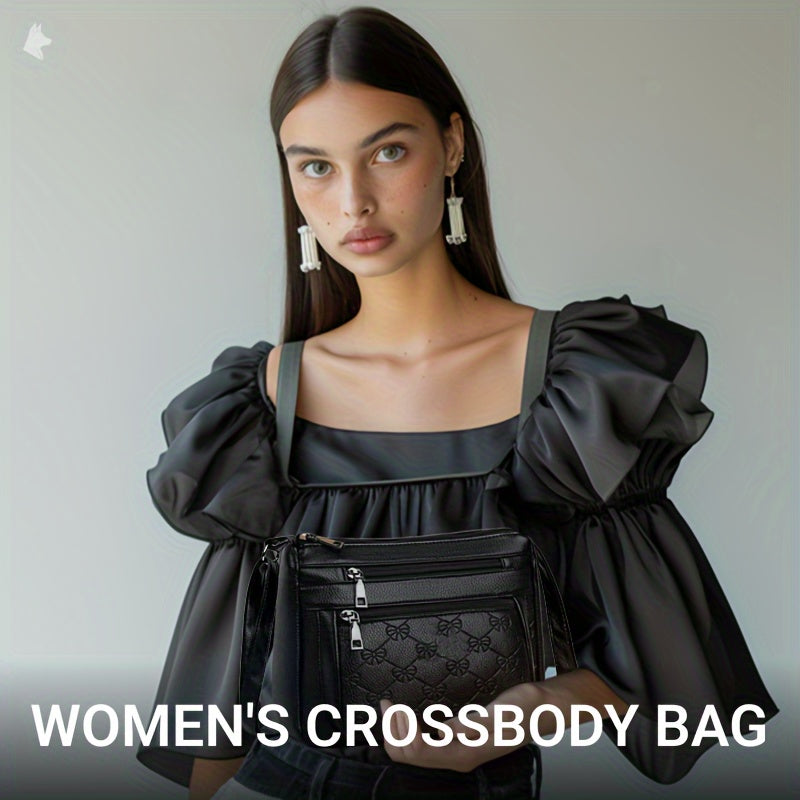 Черная сумка через плечо из искусственной кожи с тиснением цветочного узора и бантом