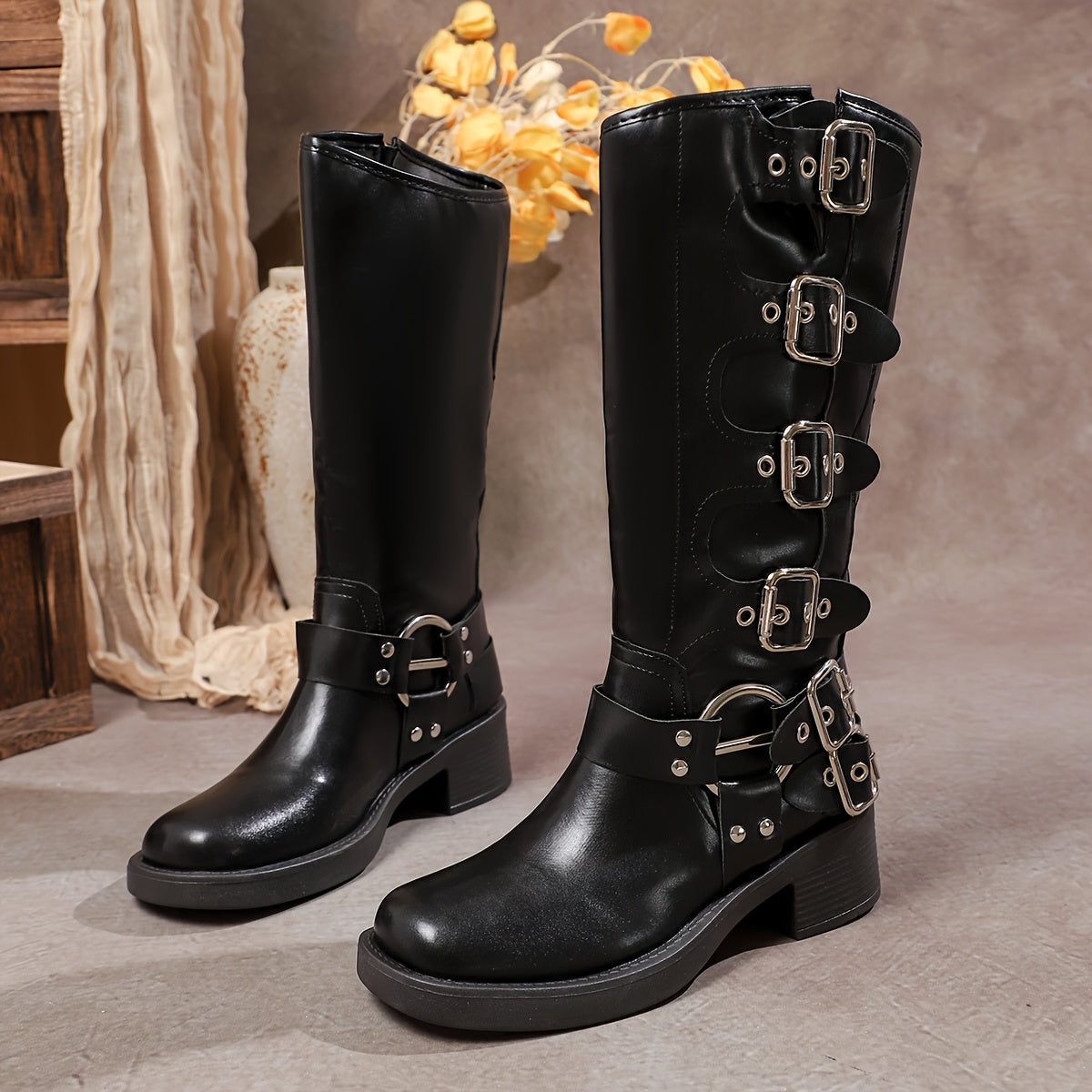 Women's Mid-Calf Faux Leather Boots Brown Buckle Stylish French Heel