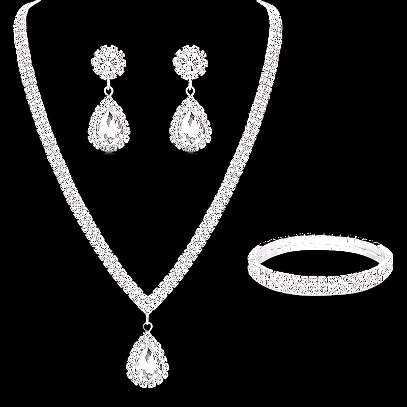 Silver Plated Copper Jewelry Set with Rhinestone Teardrop Earrings Necklace Bracelet for Women