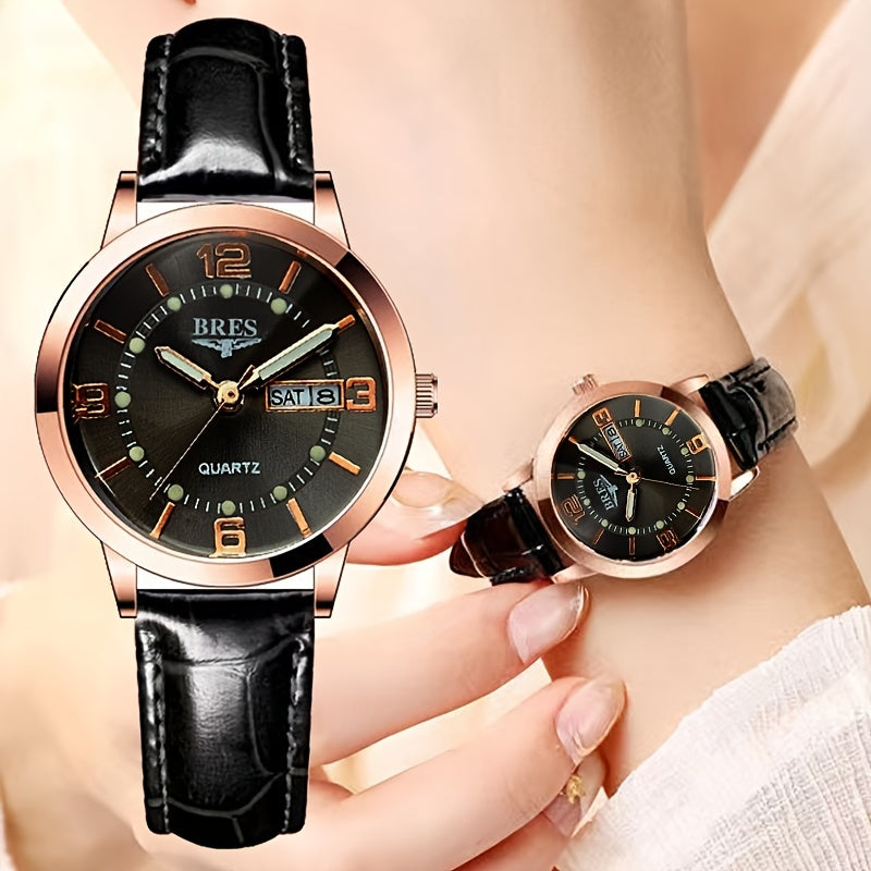 Women's Quartz Watch Leather Strap Dual Calendar Luminous Week Function
