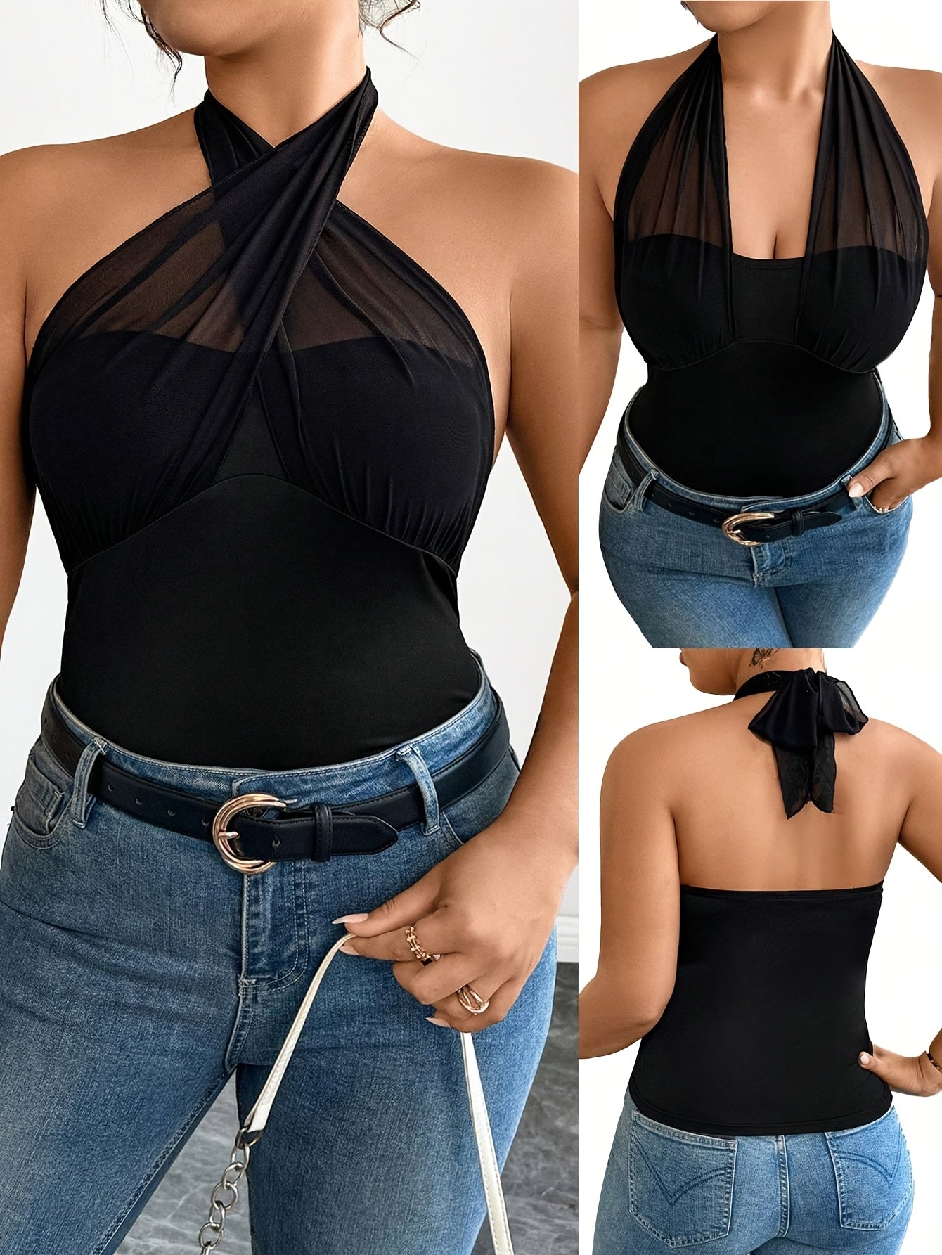 Женская блузка большого размера из сетки с халтером, черная, с переплетающимся узлом спереди, стильная вечерняя