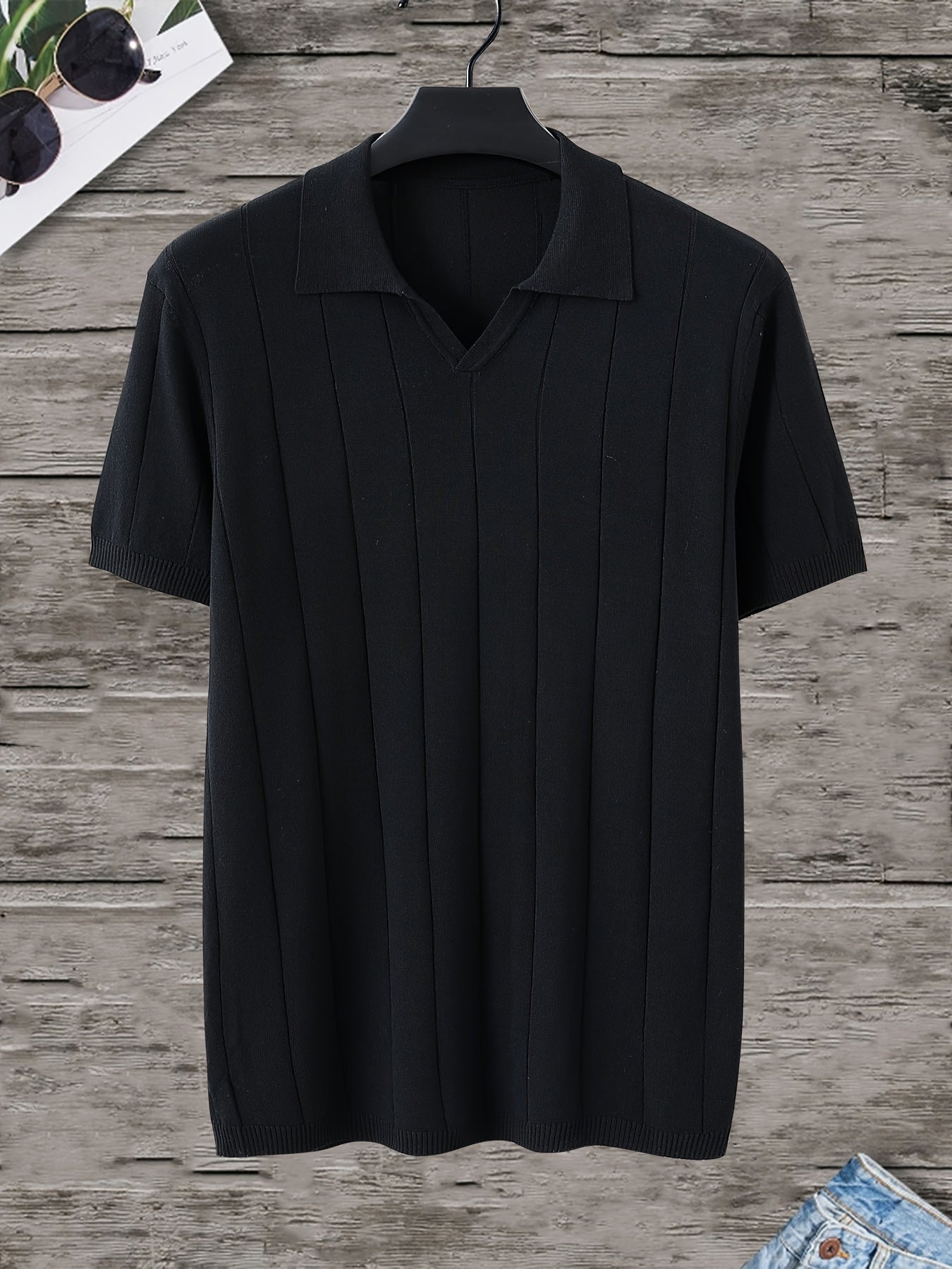 Camisa polo de punto de cuello en V para hombre, diseño sólido con rayas, manga corta, verano, golf, exterior