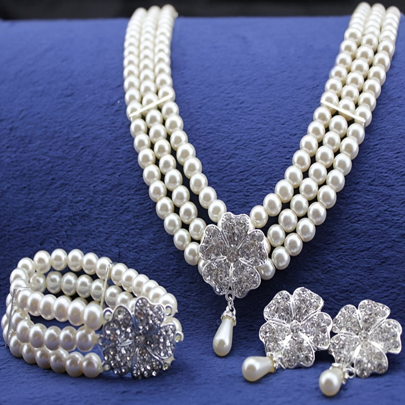Vintage 1920s Pearl Jewelry Set with Flapper Earrings Necklace and Bracelet for Women
