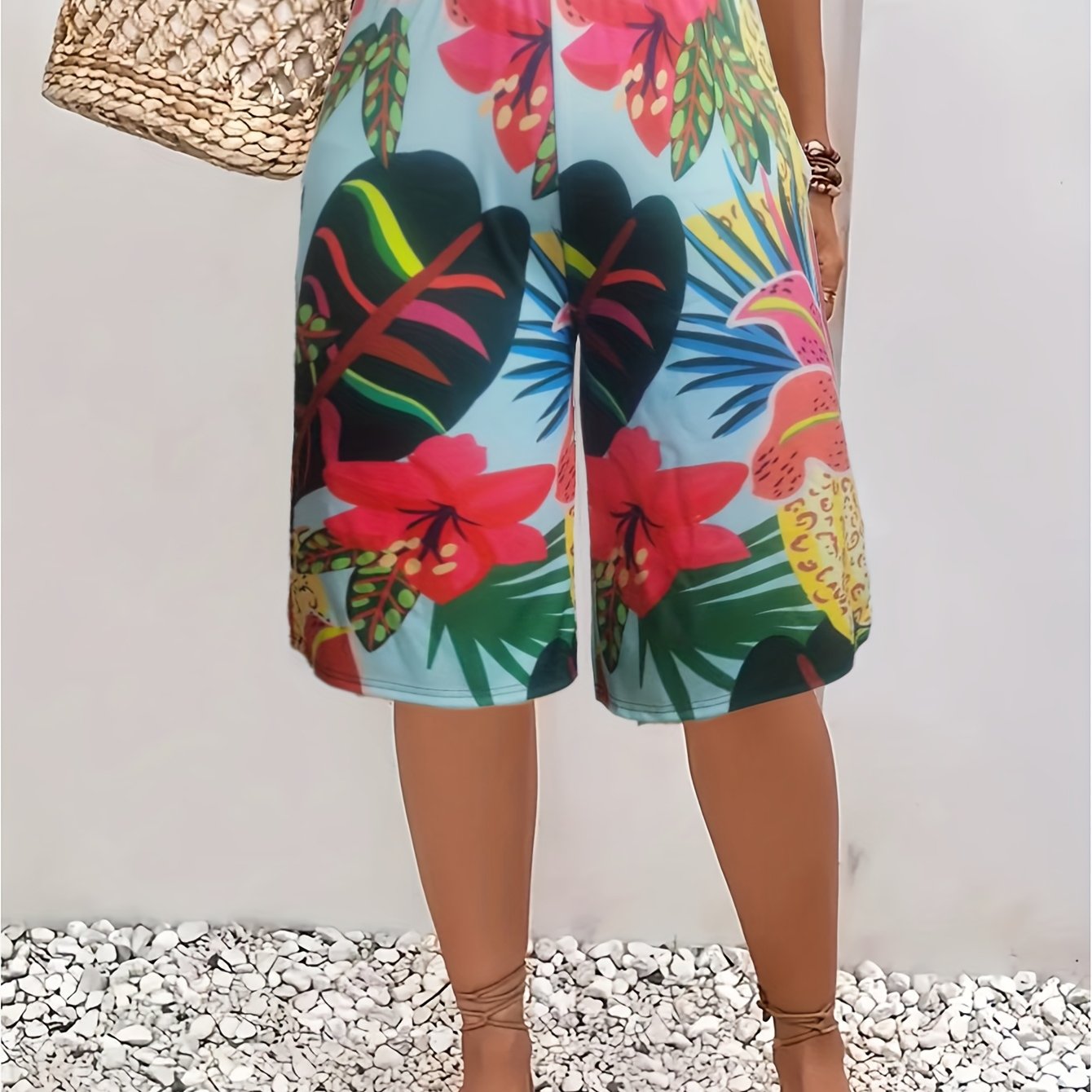 Women's Floral Print Stretch Wide-Leg Capri Pants Summer Casual Trousers