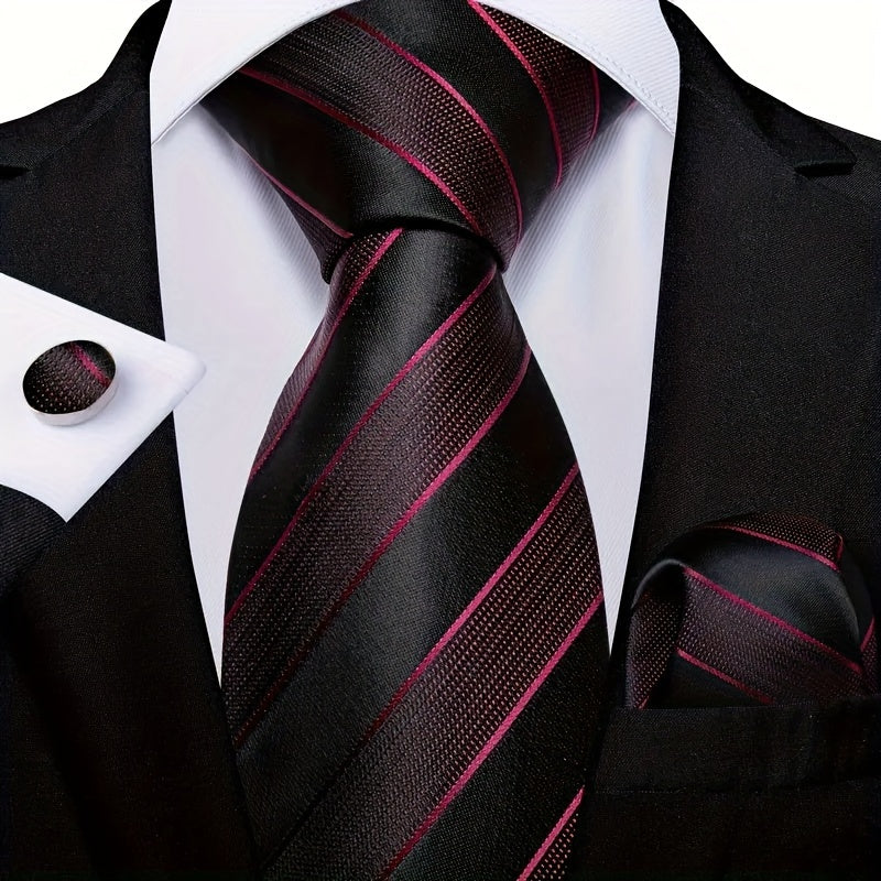 Men's Classic Striped Necktie Set with Cufflinks for Business Parties