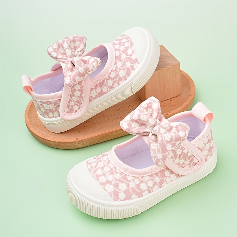 Girls Floral Print Canvas Sneakers with Bow Detail Non-Slip TPR Sole for Casual Outdoor Wear