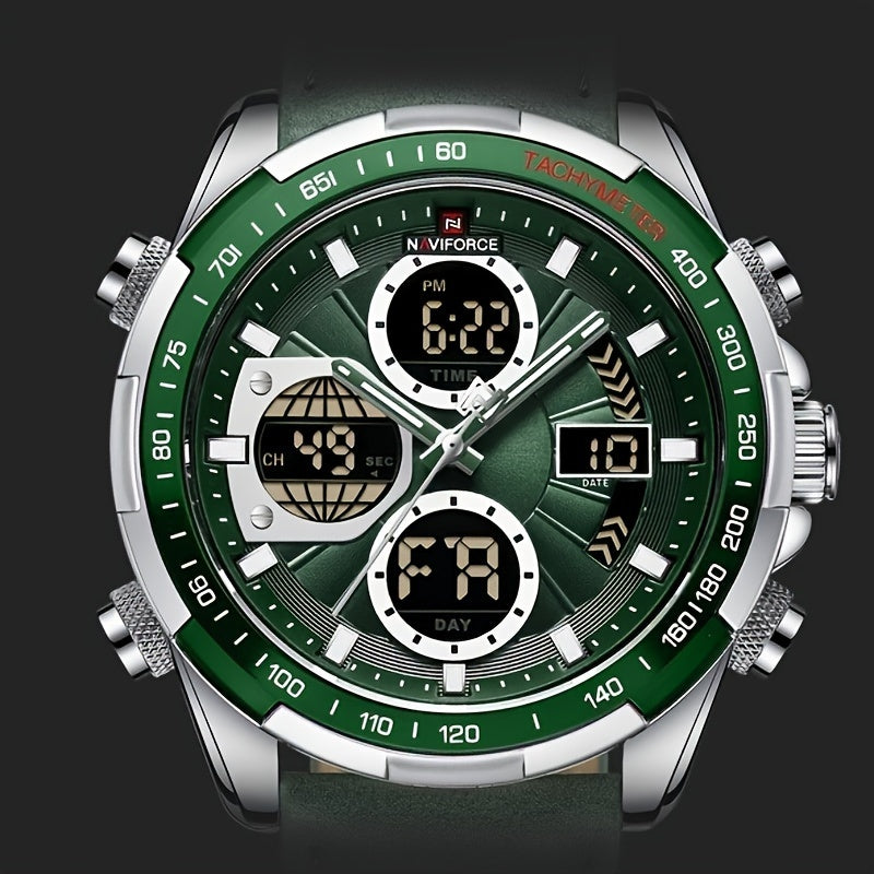 Men's Quartz Watch with Multi-Functional Features and Genuine Leather Strap