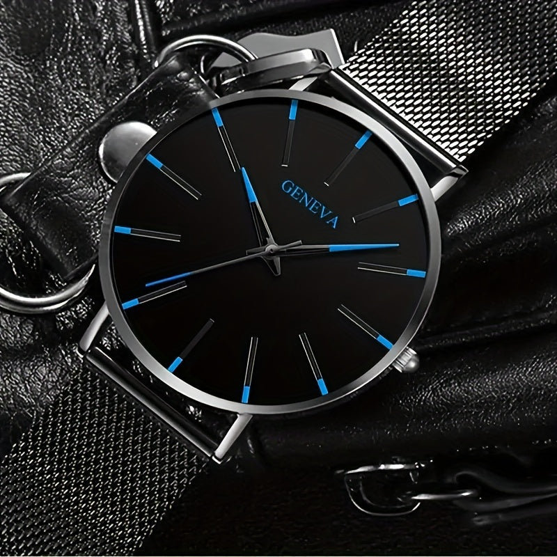 Men's Sports Casual Round Dial Mesh Strap Quartz Watch and Bracelet Set