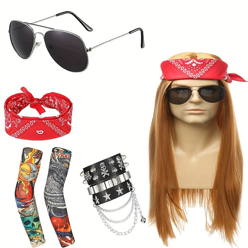 Punk Costume Wig with Straight Fiber Hair, Bandana, Glasses, Tattoo Sleeves