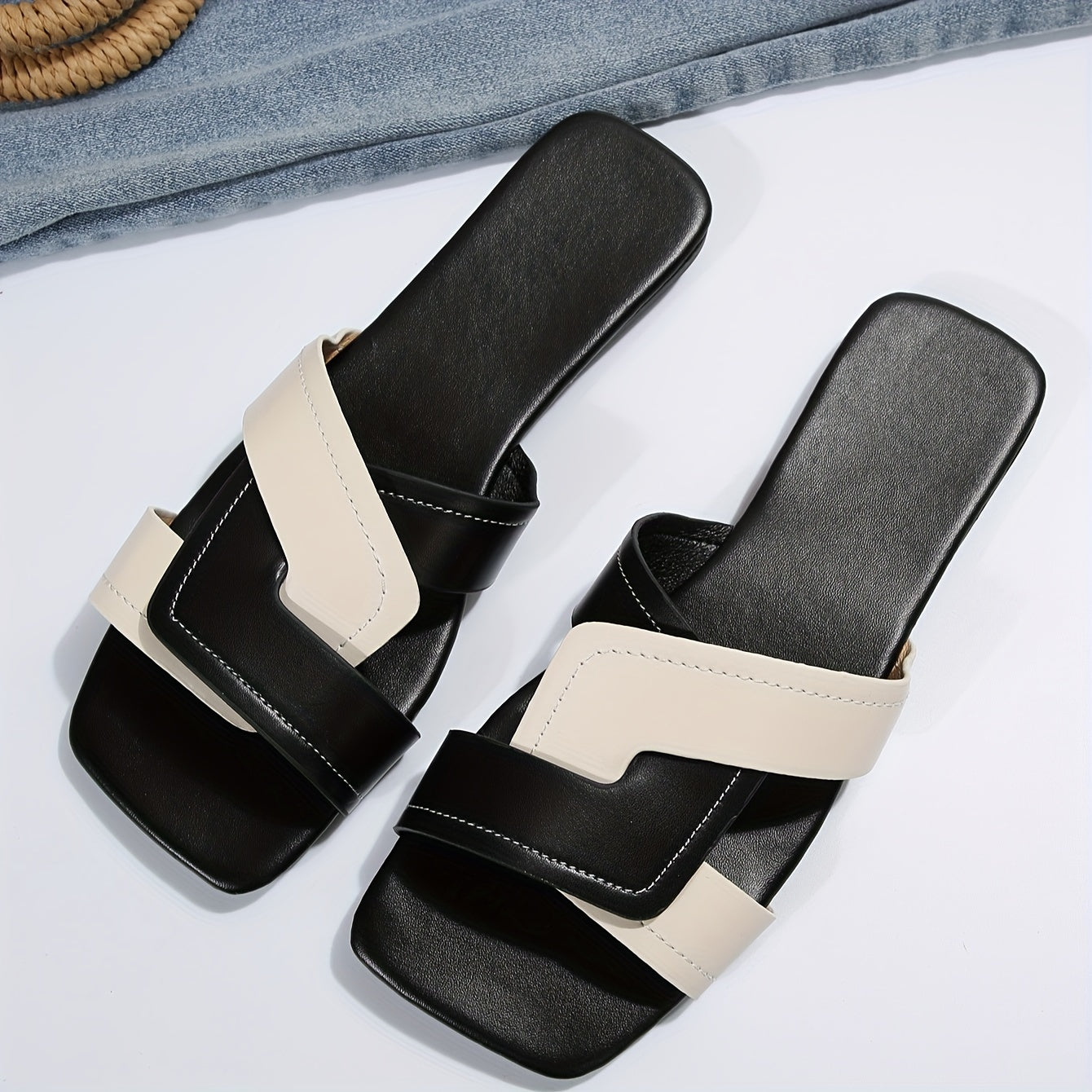 Women's Two-Tone Ankle Strap Slide Sandals Open-Toe Summer Shoes