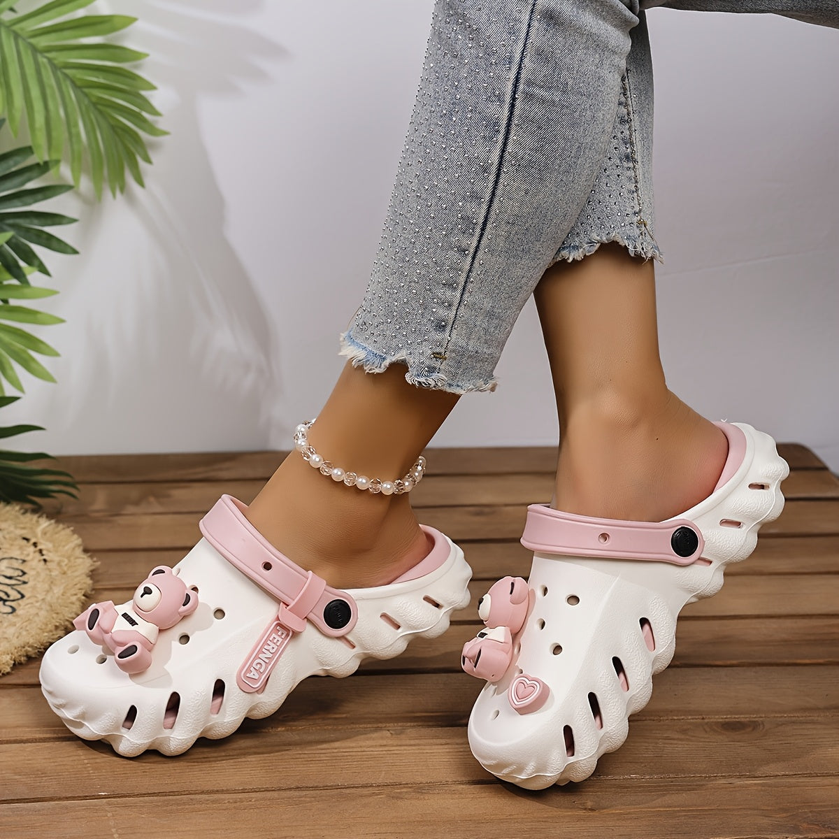 Women's Thick-Soled Clogs with Bear Decor, Hollow-Out Design, Breathable Summer Shoes