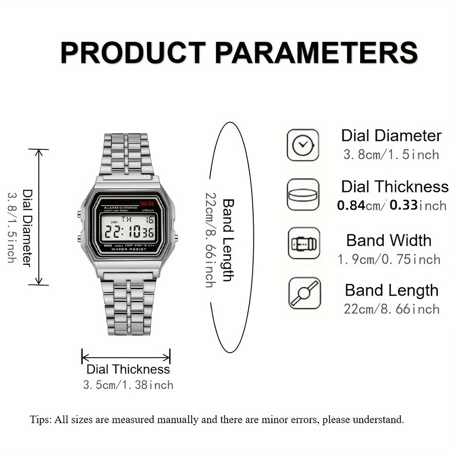 Women's LED Square Ultra-Thin Wristwatch with Luminous Display and Stainless Steel Strap