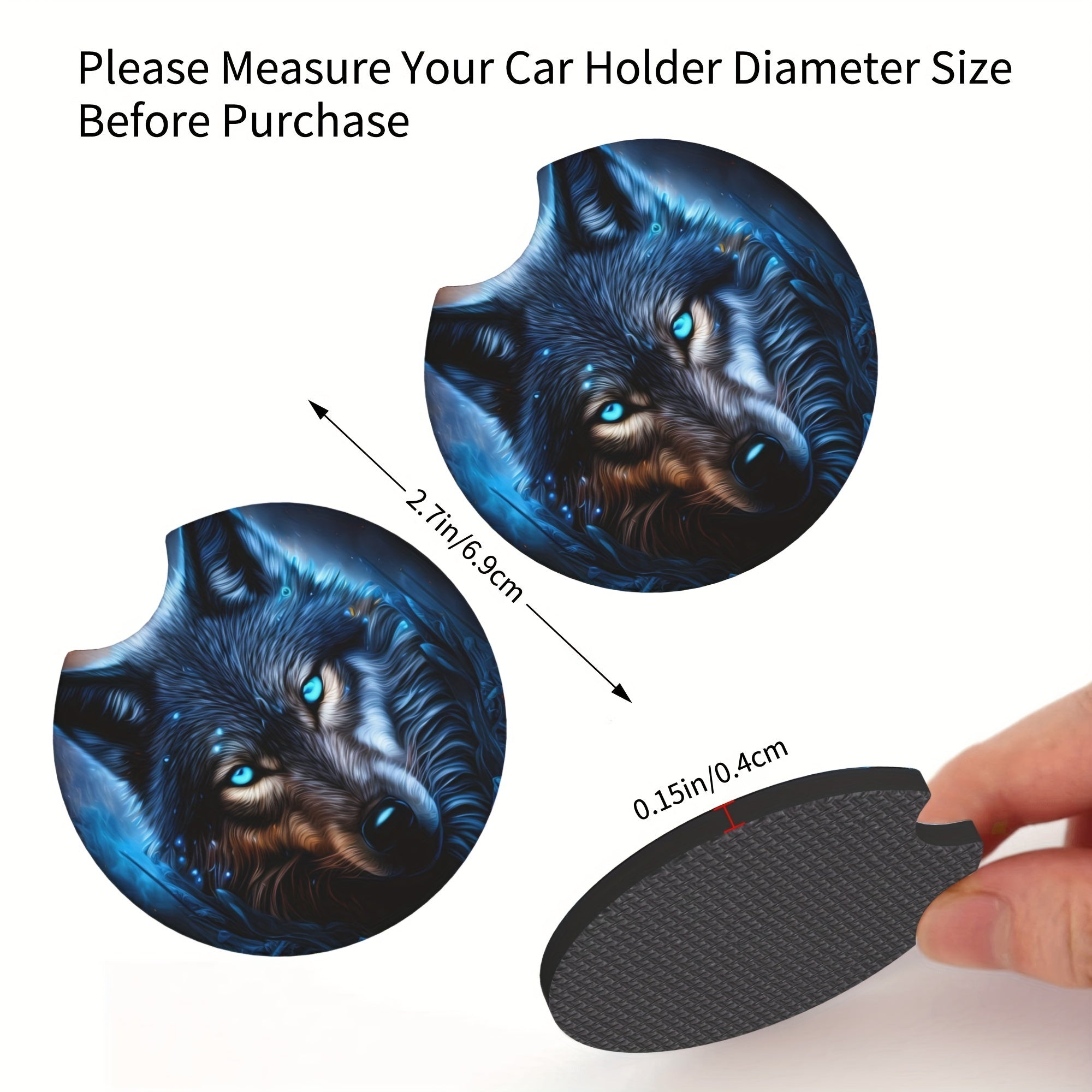 2pcs Blue Flame Wolf Pattern Absorbent Car Cup Holder Coasters Non-slip Rubber