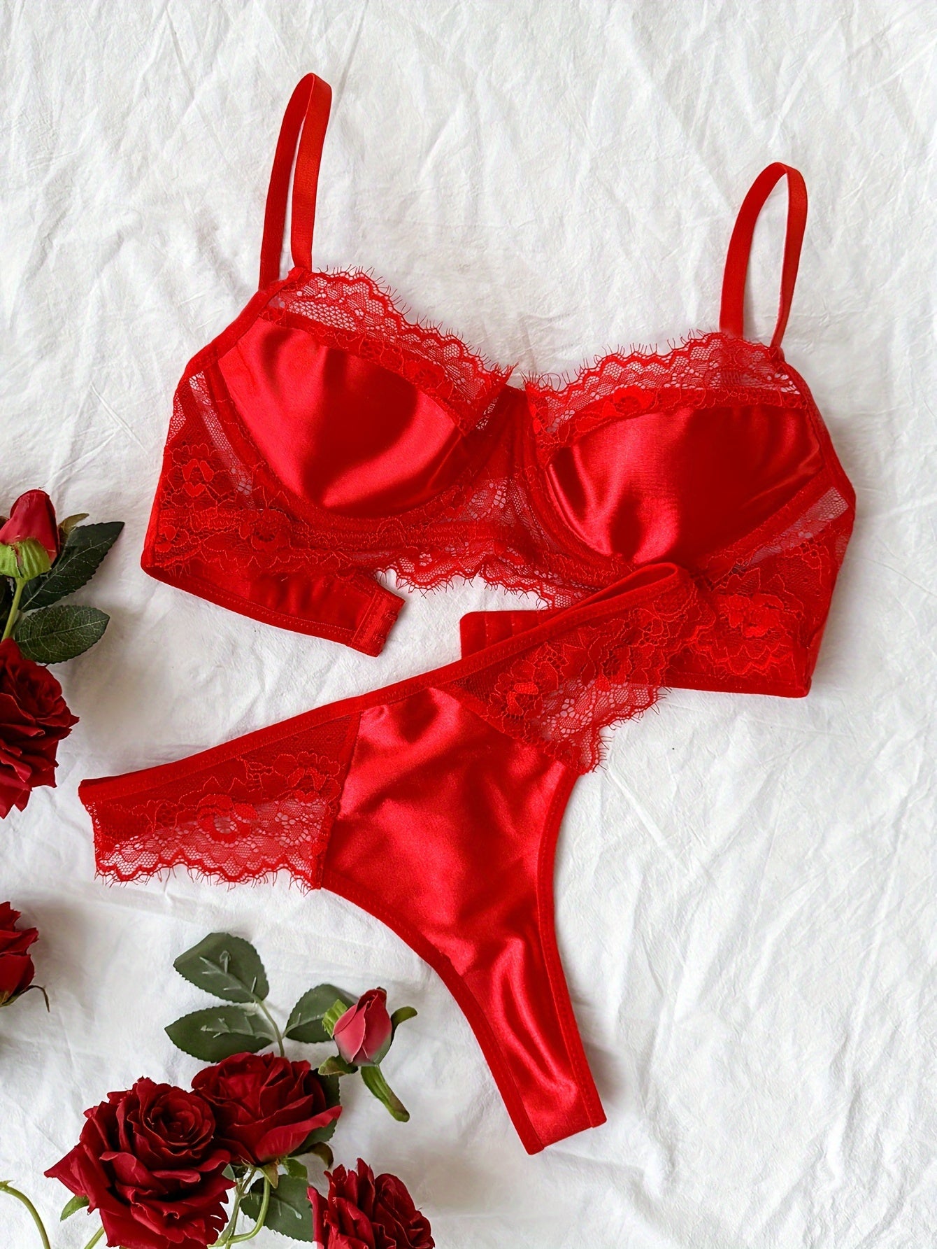 Women's Lace Satin Longline Underwire Bra and Thong Set for Valentine's Day