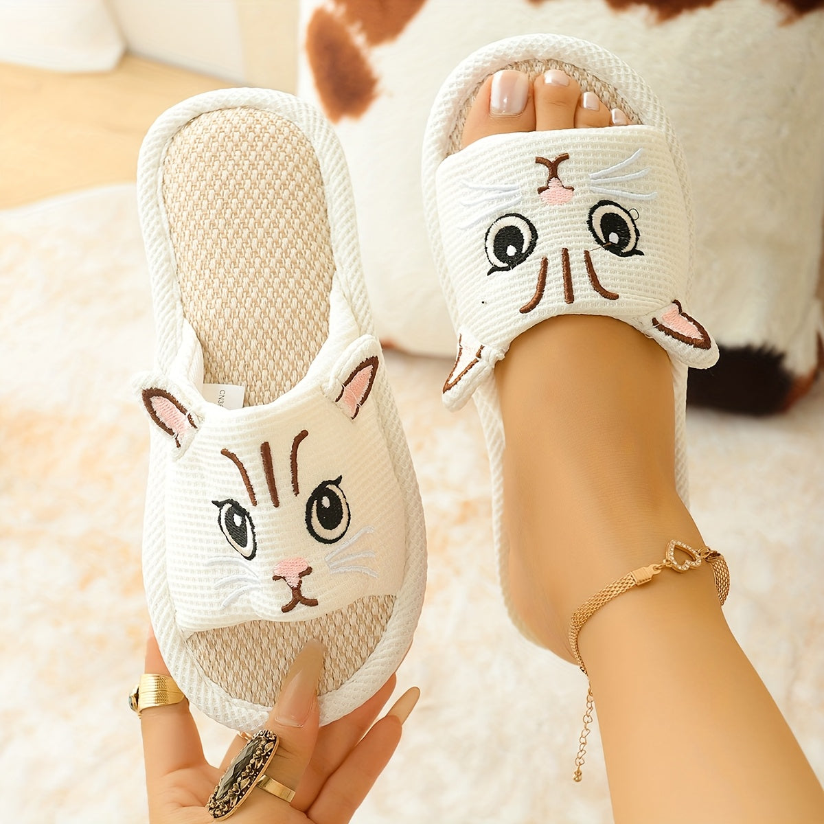 Women's Cat Slippers Open-Toe Pink Cushioned Indoor Outdoor Shoes