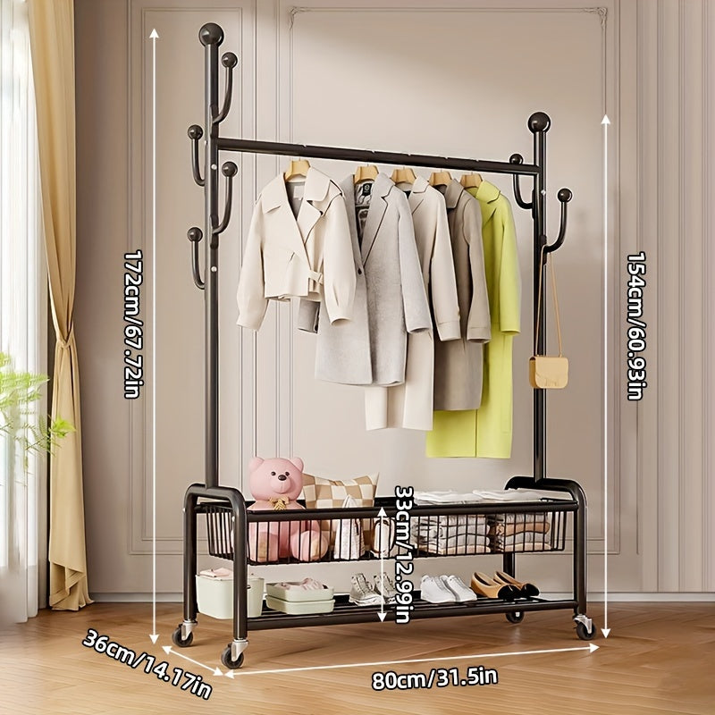 Multifunctional Rolling Coat Rack with 6 Hooks and Shelf Black Metal